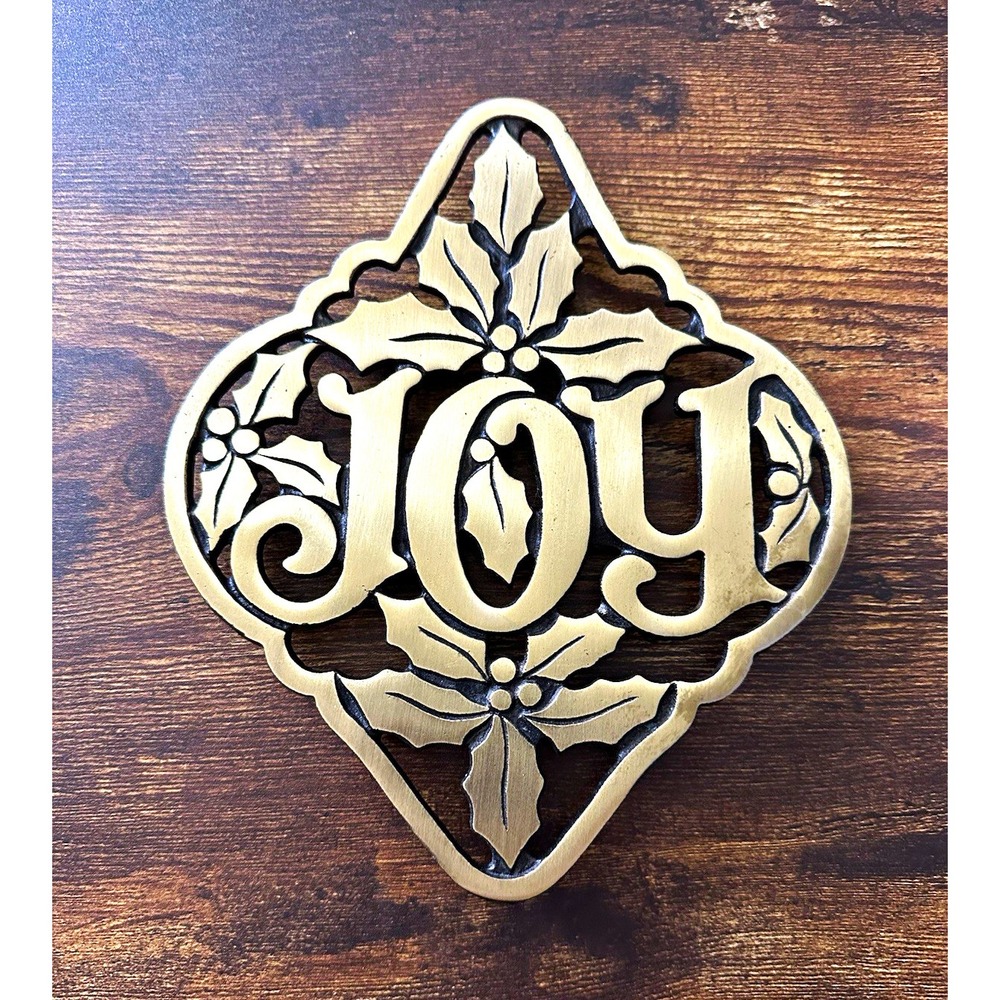 Cast Iron JOY Christmas Trivet Wall Decor Holly Brass Tone 8" Holiday